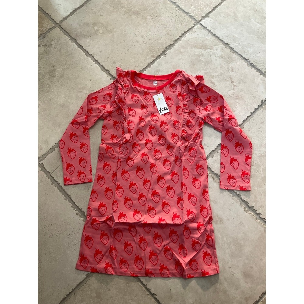 NWT Tea Collection Fresa Fields Strawberry Ruffle Dress Size 12 - girls coral